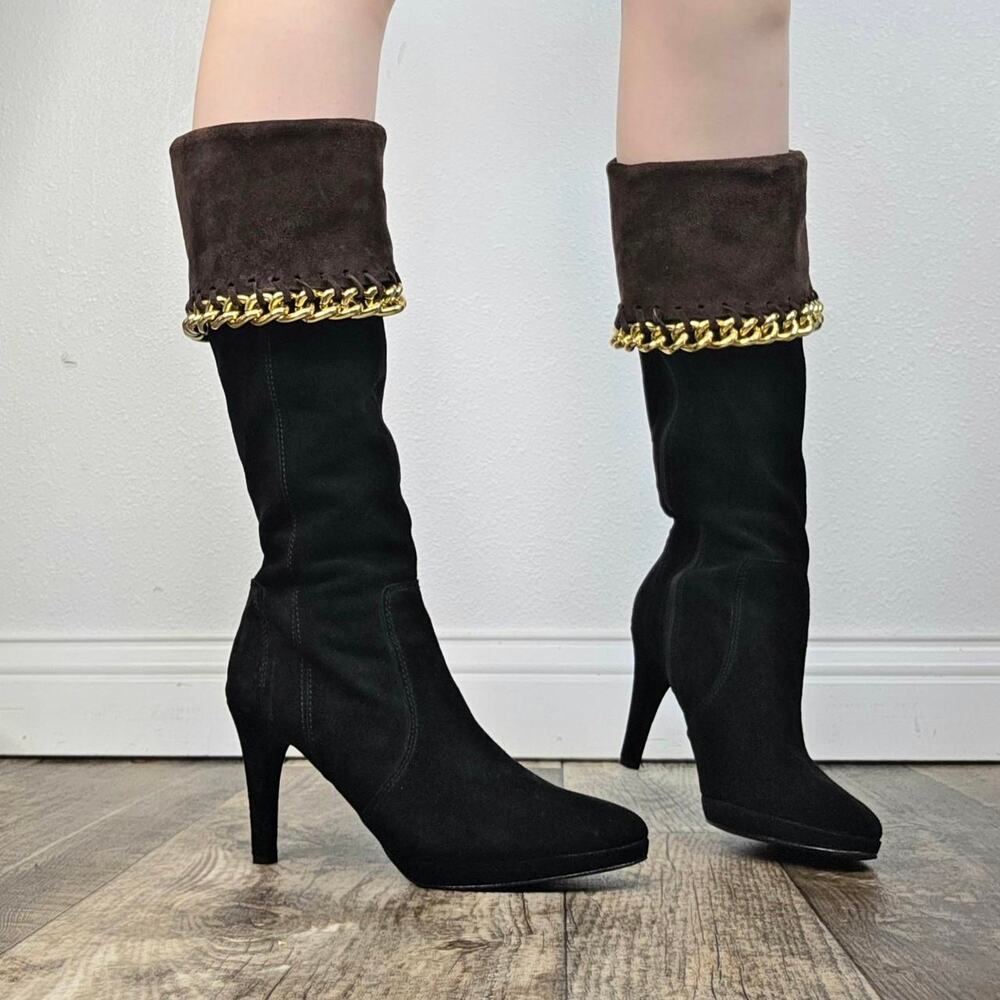 Black Suede Knee High Tall Boots Gold Chain Cuff Pointed Toe Heels Size 8